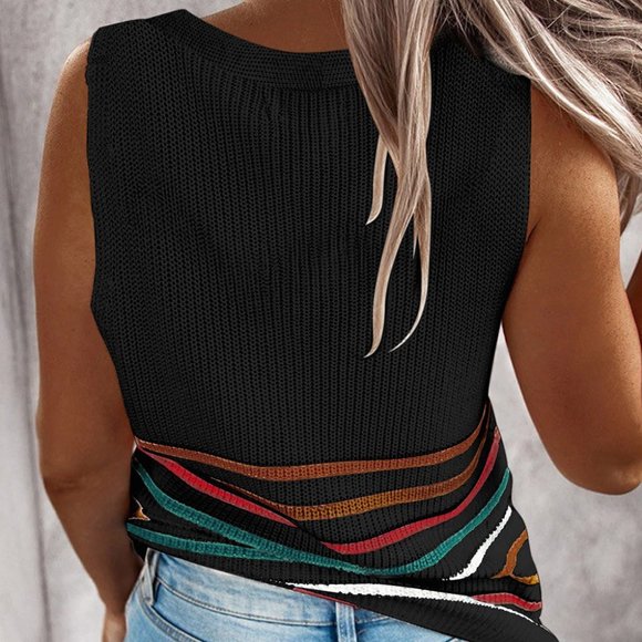 Black V Neck Striped Button Down Knit Tank - Picture 5 of 11